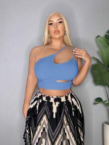 SHEIN SXY 大码性感纯色镂空吊带露脐吊带背心 - 藍色 - 查看 5