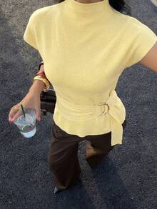 Siren Gaze Women's Pale Yellow Summer Elegant Brunch Knit Top Featuring Stylish Gold Buckle Stand Collar Batwing Short Sleeve Casual Tee Shirts Business Tops - Light Yellow - View 3