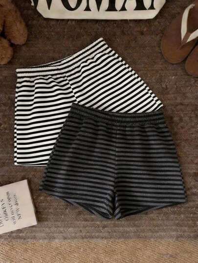 少女松紧腰条纹休闲短裤