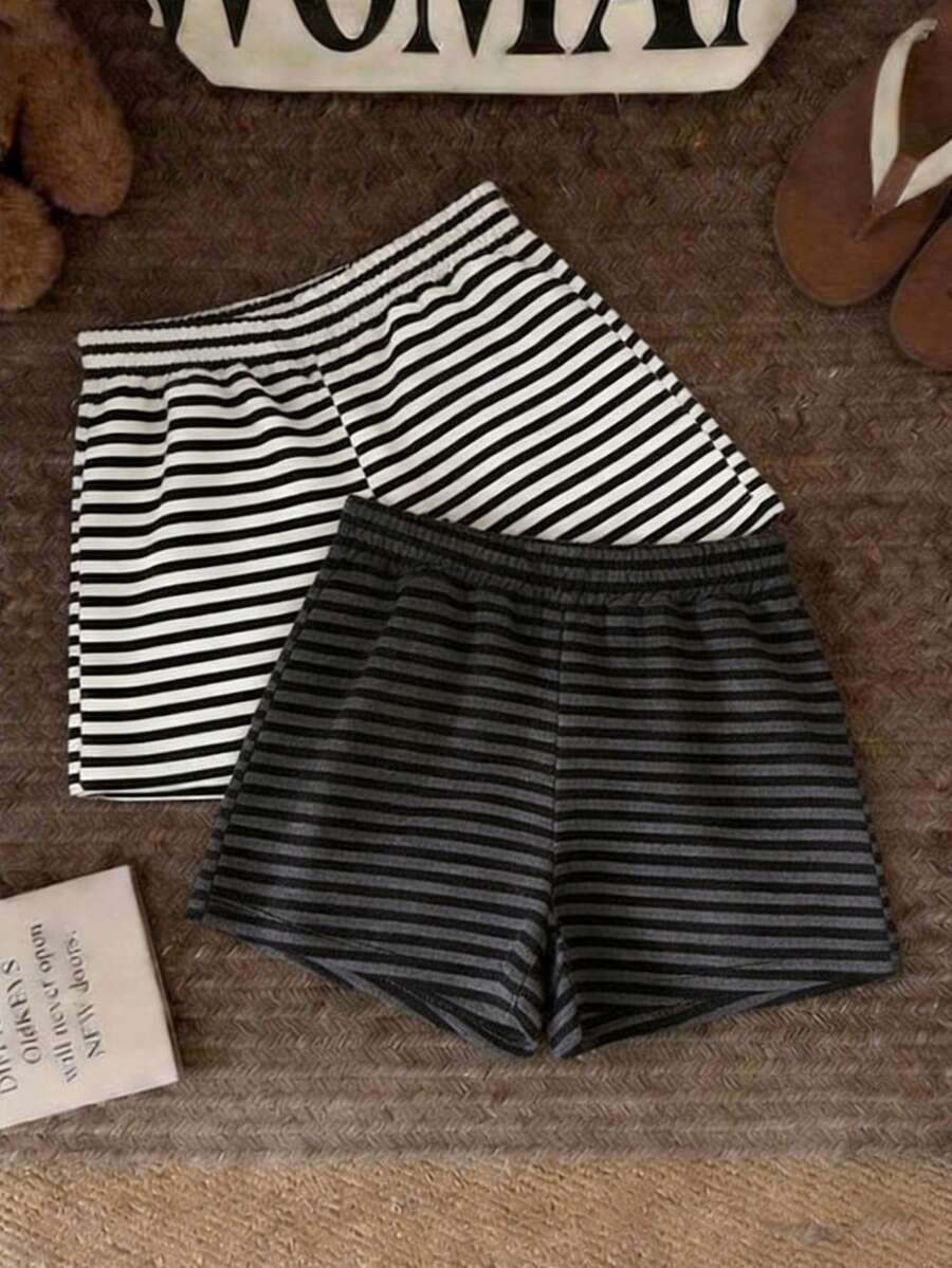 少女松紧腰条纹休闲短裤 - 黑色 - 查看 1