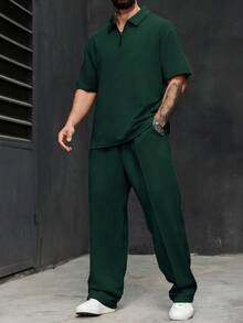 Manfinity Homme Plus Size Men's Solid Color Short Sleeve Polo Shirt And Pants Set - Dark Green - View 3