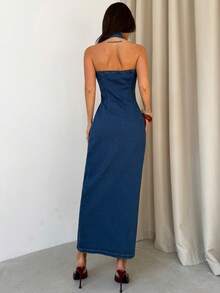 Firerie Women's Sleeveless Casual Buttoned Halter Neck Denim Dress Summer Carnival Costume Commuting Vacation Graduation Chic Y2k Cute Streetwear Party Wedding Elegant Business Casual Woman Business Beach Graduation Easter Elegant Women Denim Halter Neck Button-Front Sleeveless Midi Dress Blue - Blue - View 2