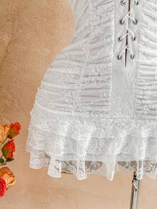 Soleia Đầm mini ren trắng, thích hợp cho kỳ nghỉ, hẹn hò, phong cách tối giản gợi cảm, mùa thu/đông. - Màu be - Xem 5