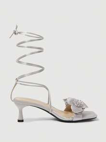 SheIn MOD Summer Light Grey Sardine Flower Square Toe Thin Heel Elegant Fairy Style Roman Ladies High Heel Sandals - Light Grey - View 5