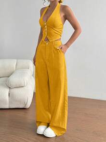 SHEIN PETITE Women's Single-Breasted Halter Top And Wide-Leg Pants Casual Two Pieces Set - Yellow - View 5