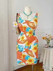 SHEIN EZwear 大码海星印花修身紧身休闲度假吊带裙女士夏季连衣裙修身连衣裙连体连衣裙夏季油画连衣裙贝壳印花连衣裙女士夏季连衣裙 - 彩色 - 查看 6