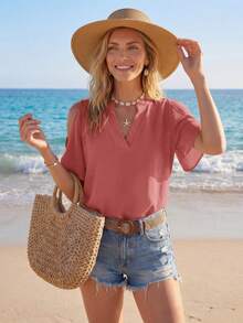 Sylviya 女士纯色简约短袖衬衫，休闲日常穿搭，女士休闲装扮，女士夏季穿搭，女士上衣和衬衫，女士夏季沙滩装，女士夏季沙滩装，女士保守款上衣，女士沙滩装，女士夏季休闲上衣 - 紅木色 - 查看 3