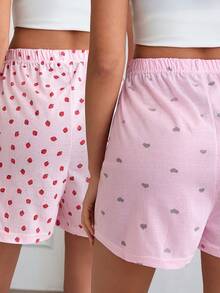 SHEIN Women's 2 Packs Ribbed Knit Heart Print Sleep Shorts Elastic Waist Pajama Bottoms - Pink - View 2