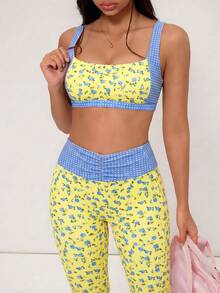 WanderVale 女士印花拼接上衣和裤子两件套休闲套装 - 黃色 - 查看 3
