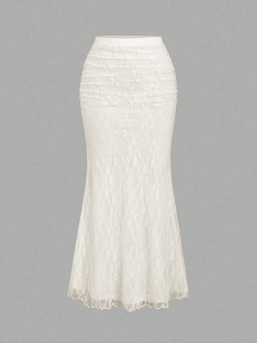 Sweetra 女士性感白色蕾丝鱼尾长裙，春夏款 - 杏色 - 查看 1