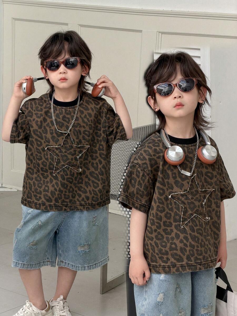 Dazy Kids 幼儿男童宽松休闲牛仔T恤，星形图案，夏季 - 棕色 - 查看 1