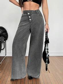SHEIN PETITE جينز كاجوال فضفاض بتصميم مستقيم وجيوب للنساء القصيرات، لارتداء اليومي والتنقل، طراز Y2K الشارع، لون رمادي مغسول بالثلج - الأسود - مشاهدة 5