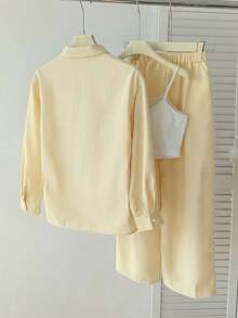 SHEIN Tween Girl Tween Girl Loose Casual Simple Comfortable Collared Shirt Vest Pants Set Fall/Winter Outfits - Yellow - View 2