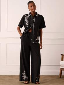 Lilora 女士优雅棉质刺绣两件套通勤套装 - 黑色 - 查看 5