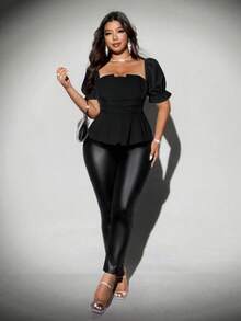 Viva Relle Plus Size Women Summer Elegant Black Blouse,Autumn Puff Sleeve High Waist Cinched Ruffled A-Line Top,Y2K  Night Out Club Beach Vacation Party Wear - Black - View 3