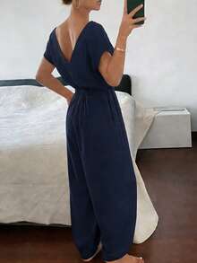 DAZY Solid Color V-Neck Short Sleeve Loose Waist Jumpsuit, Summer Women Loungewear - Navy Blue - View 2