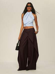 ATUI Studio Women's Solid Color Double-Waistband Wide Leg Loose Suit Pants - Brown - View 3