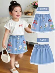 Baby Girls Denim Skirt,Light Blue Summer Casual Graduation,Elastic Waist Ruched Animal Print Button Decor Loose Cotton Skirts For School Party Outing - Light Wash - View 1