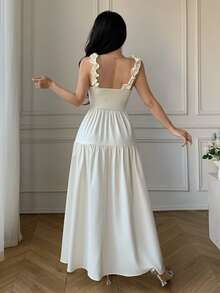 Celisse Square Neck Ruffle Trim Adjustable Shoulder Strap Elastic Waist Dress For Women - Apricot - View 2