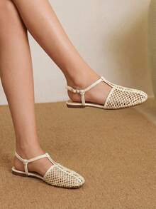 Styleloop 女士鞋履 假日风编织鞋 面条带女士平底鞋 假日风穿搭 波西米亚风穿搭 美式复古风 波西米亚风 西部风 音乐节穿搭 派对穿搭 平底女鞋 - 米白色 - 查看 2