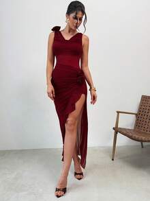 Firerie 女士休闲优雅性感酒红色荷叶边连衣裙，适合情人节、约会之夜、派对等场合，3D立体花卉长裙，性感优雅礼服 - 酒紅色 - 查看 4