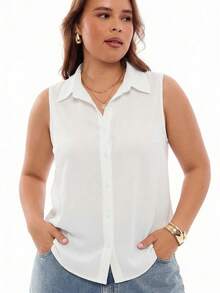 SHEIN EZwear Camisa De Talla Grande Sin Mangas unicolor, Perfecta Para Verano - Blanco - Ver 4