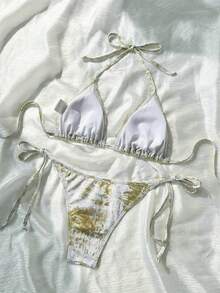 SHEIN Swim 女士夏季沙滩金色箔片图案露背系带性感比基尼泳装套装 - 白色 - 查看 2
