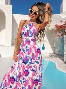 Vivid Eden 女士露背系带交叉吊带艺术印花连衣裙，适合外出和度假 - 彩色 - 查看 4