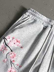 StoneGrade 男士休闲日常通勤度假风樱花字母印花抽绳腰宽松阔腿运动裤 - 灰色 - 查看 5