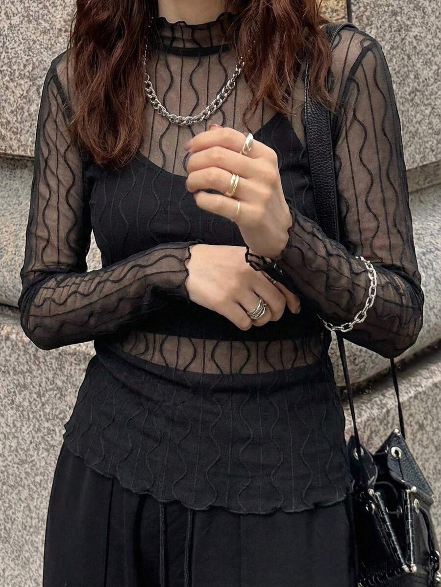 FRIFUL Women's Fashionable Sexy Stand Collar Mesh Fitted Blouse - Black - View 1