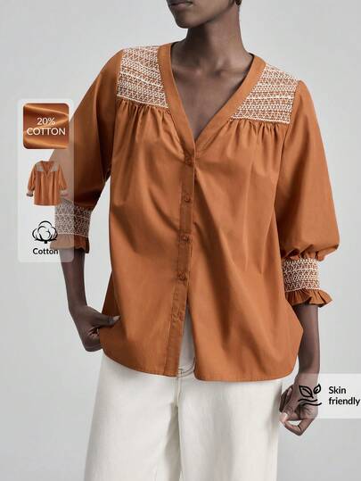 Ontre 2026ss Women's Comfortable, Skin-Friendly High-Quality Satin Fabric Loose Fit Long Sleeve V-Neck Blouse With Cabled Trim At Chest And Cuffs, Elegant Vacation/Casual Wear, Refined Low-Key Vintage Style, Suitable For Cruise, Middle East, Minimalist Luxury, Office, Commute, Airport, All Season Beach Clothing, All Season  Ins Celebrity Same Style Vacation Style, Exotic Atmosphere, Country Concert, Western Style Clothing, High-Grade Fabric, Comfortable And Breathable Bohemian Style Vacation Wear