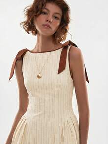 Poéselle Đầm midi nữ kẻ sọc thắt eo, thời trang cho các buổi hẹn hò và tiệc tùng. - Vàng nhạt - Xem 3