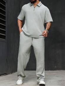 Manfinity Homme 大码男士纯色短袖Polo衫和长裤休闲通勤套装 - 淺灰色 - 查看 4