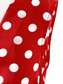 Franclia 女士时尚无袖V领波点印花腰带装饰A字型长连衣裙，适合情人节和约会穿着 - 紅色 - 查看 5