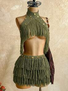 Soleia Fringe Detail Knit Top, Ibiza Style, Sexy Holiday Celebration Knit Vacation, Autumn/Winter - Army Green - View 3