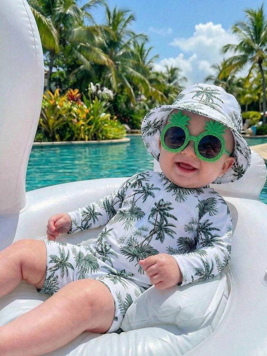 SHEIN 男婴连体泳衣两件套，白色立领长袖短裤，前拉链连体裤，休闲椰树印花，适合春、夏、秋、冬四季，海滩、泳池、游泳、温泉等场合。