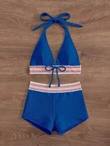 SHEIN Swim 2件套 新款春夏藏蓝色系带露脐吊带背心和短裤，度假休闲沙滩派对比基尼泳装套装，女士度假套装，女士两件套泳衣泳装 - 寶藍色 - 查看 5