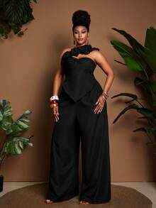 Maweii Bộ jumpsuit ống rộng màu đen xếp ly kiểu retro gợi cảm dành cho người có thân hình đầy đặn. - màu đen - Xem 6