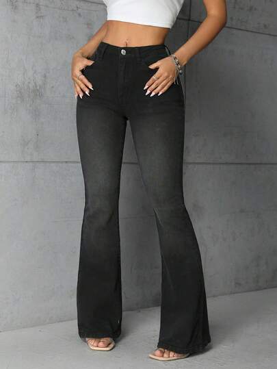 SHEIN Tall 女士简约时尚纯色斜插口袋喇叭牛仔裤