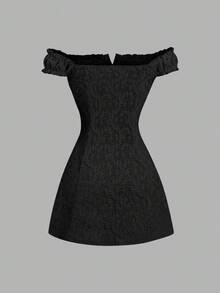 Sweetra Women's Sweet Jacquard Texture Hollow-Out Sexy Off-Shoulder Casual Fitted Dress, Spring/Summer - Black - View 2