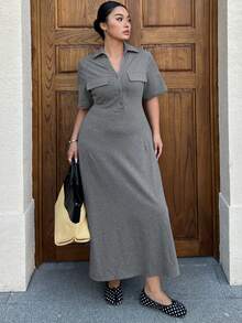 Dazy Plus Plus Size Women's Solid Color Bodycon Pocket Polo Collar T-Shirt Dress, Short Sleeve, Long, Spring/Summer Sundress - Dark Grey - View 8