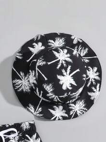 男嬰黑色棕櫚樹印花泳裝套裝，泳褲與帽子，夏季休閒度假假日服飾套裝 - 黑與白 - 查看 3