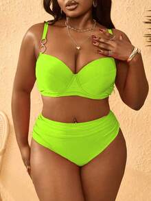 Slaydiva Plus Size Women's 2-Piece Solid Fuchsia Swimwear Set, Underwire Adjustable Strap High Waist Ruched Bottoms - Multicolor - View 1
