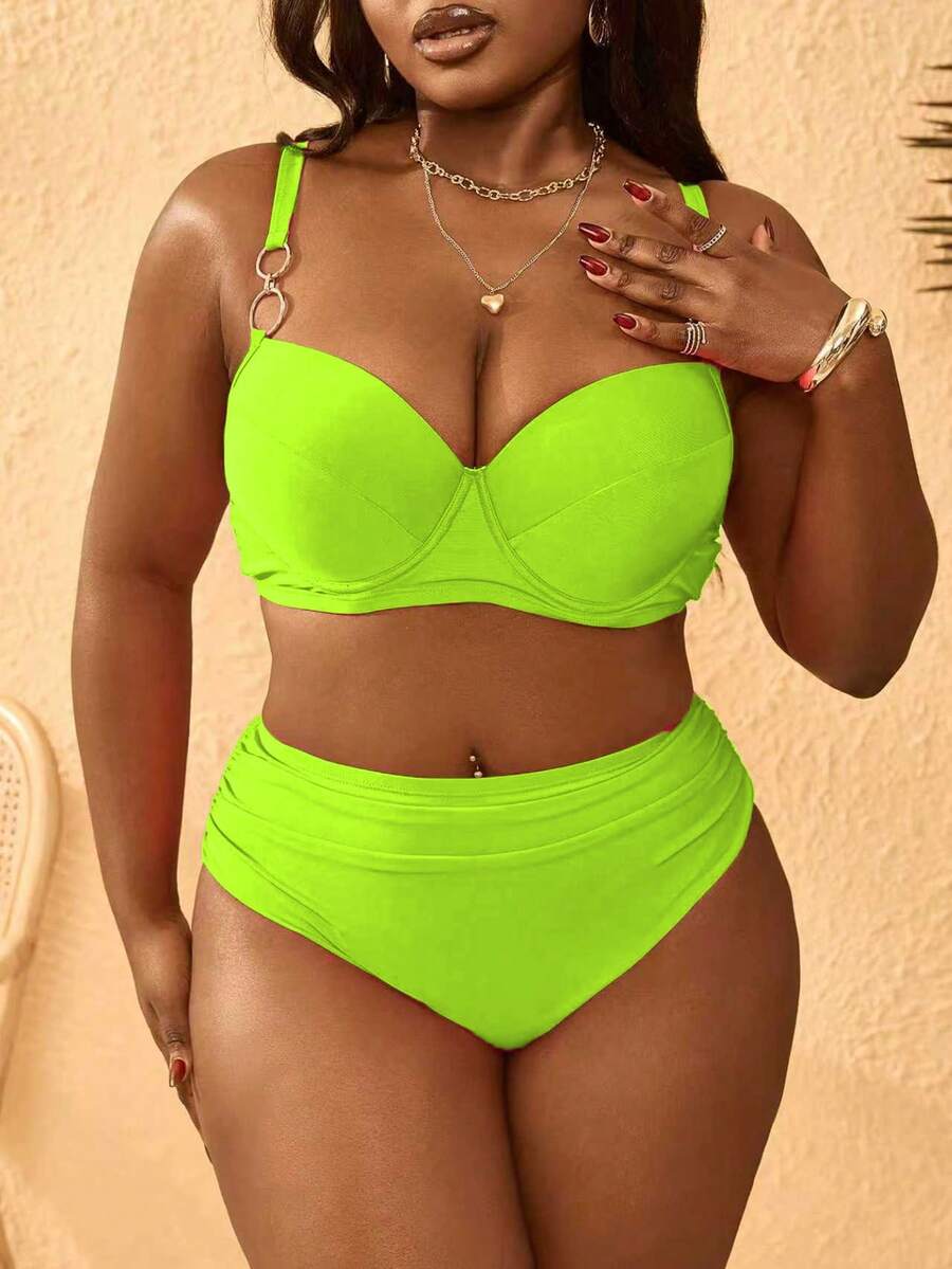 Slaydiva Plus Size Women's 2-Piece Solid Fuchsia Swimwear Set, Underwire Adjustable Strap High Waist Ruched Bottoms - Multicolor - View 1