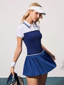 CourtClass Women's Slim Fit Round Hem Short Sleeve Sports Polo Shirt For Golf,Summer Casual Tennis Outfits Navy Blue And White Athletic Wear Badminton Dress - Navy Blue - View 5