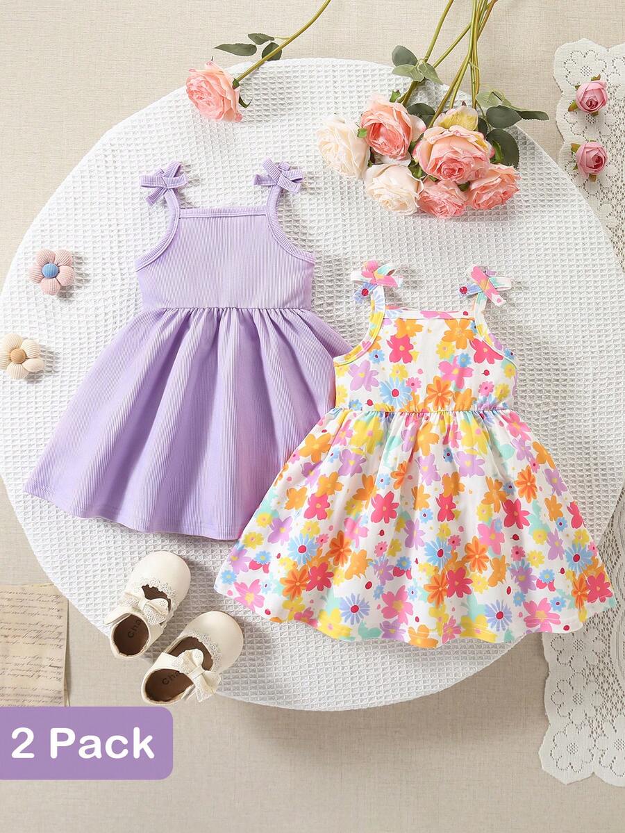 SHEIN Playful Pals 2件組女嬰可愛白色碎花夏季吊帶洋裝 生日派對休閒百搭印花套裝 適合節慶戶外度假春季 - 紫色 - 查看 1