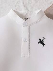 SHEIN Explorewe Young Boy Knight Print Button-Up Short Sleeve T-Shirt And Shorts Casual Set - Green - View 4