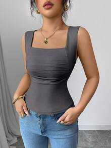 Rafferiza Women's Solid Color Square Neck Pleated Casual Tank Top - Dark Grey - View 6