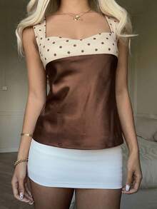 CovetEZ 2026新款女士甜美休闲派对亮面缎面棕色波点撞色拼接露背系带吊带衫 - 彩色 - 查看 2