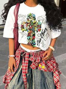 Rovax Loose Fit Cross & Letter Print Round Neck Drop Shoulder Short Sleeve T-Shirt - Multicolor - View 3